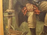 painting of a man sitting on a bench with a basket of lobsters