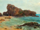 painting of a painting of a beach scene with rocks in the water