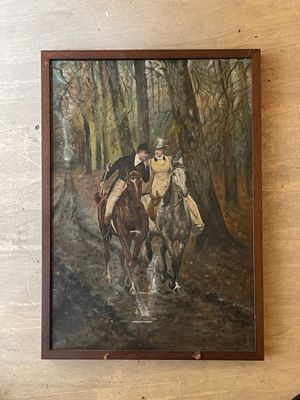 a painting of two people riding horses in the woods