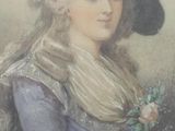painting of a lady in a blue dress and hat with a flower in her hand