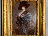 an oil painting of a woman in a large hat and blue dress