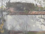 painting of a white building with a red roof and a tree in the foreground