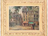 an image of a painting of a street scene with a horse drawn carriage