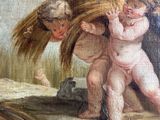 a painting of two babies playing with a pile of hay
