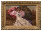 an image of a painting of a woman in a white dress holding a pink umbrella