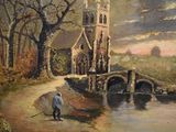 a painting of a man with an umbrella by a church