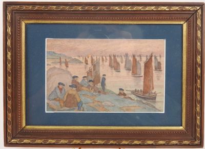 tableau représentant un groupe de personnes à bord d'un bateau sur un plan d'eau