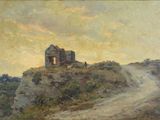 an image of a painting of a small house on a hill