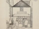 drawing of a group of men standing in front of a building