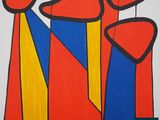 an image of a painting of a group of people with red, yellow and blue hats