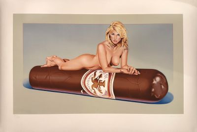 painting of a naked woman laying on a giant chocolate cigar