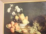 a painting of a bowl of fruit and flowers on a table