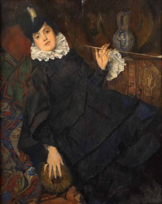a painting of a woman in a black dress sitting on a couch