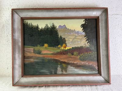 tableau à l'huile encadré représentant un paysage avec une rivière et des arbres
