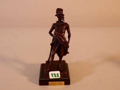 une statue en bronze représentant un homme coiffé d'un haut-de-forme et muni d'une canne