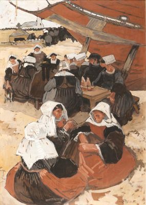 painting of a group of women sitting on a beach with a boat in the background