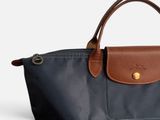 a close up of a longchamp bag on a white background
