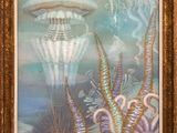 an oil painting of a jellyfish and other sea creatures in a gold frame