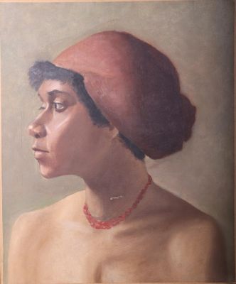 painting of a woman with a red hat and a red necklace