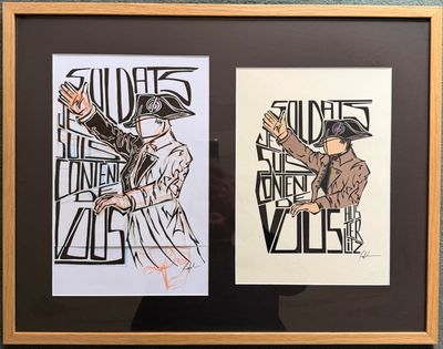 deux reproductions encadrées représentant un homme coiffé d'un chapeau et une femme en robe