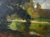 an oil painting of a river with a tree in the foreground