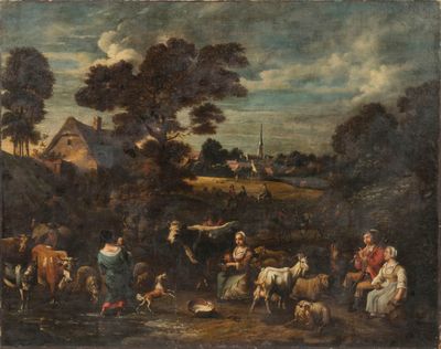 une image représentant un tableau où figurent un groupe de personnes et d'animaux