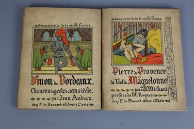 an old book with two illustrations of a knight and a woman