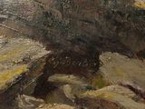 a painting of a boat in the water on the shore