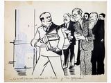 drawing of a group of men standing in a line with a man holding a book