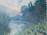 peinture représentant une rivière, avec des arbres et des fleurs au premier plan