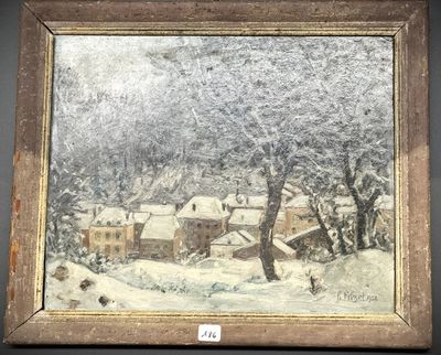 une peinture à l'huile représentant un paysage enneigé avec un village en arrière-plan