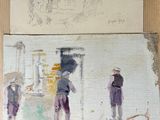 two paintings on the wall of a room one is a man and the other is a woman