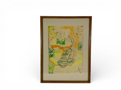 DELFAU "Au jardin". Gouache sur papier, signée en bas à droi…