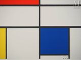 a painting of a red, yellow, blue and black square on a white wall