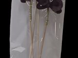 four black flowers in a plastic bag on a black background