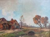 an oil painting of a village with a bridge over a river