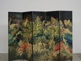 a black and green screen with a painting of a forest scene