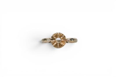 a close up of a gold ring on a white background
