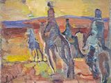 an oil painting of a group of people riding horses in the desert