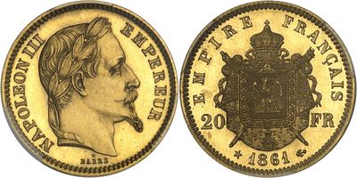 a gold coin with a portrait of a man and a coat of arms