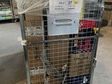 a metal cart with a sign on it in a warehouse