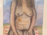 tableau représentant une femme enceinte assise sur une couverture à carreaux rouges et blancs