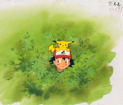 Pikachu, un Pokémon, dans l'herbe, coiffé d'un chapeau