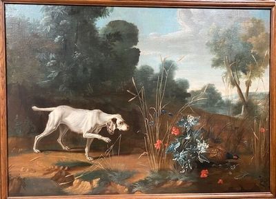 a painting of a dog and a bird in a field