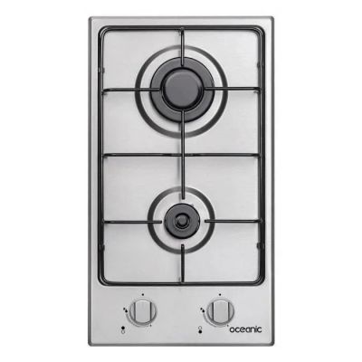 a silver stove top with three burners on it