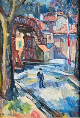 une peinture à l'huile représentant un homme marchant dans une rue, près d'un arbre