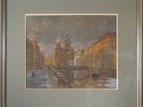 painting of a city street with a bridge and buildings in the background