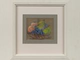 painting of a basket of fruit with blueberries, peaches, and other fruits