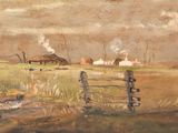 a painting of a farm scene with a fence and chickens