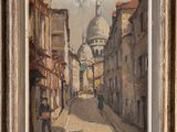 une peinture à l'huile représentant une scène de rue avec une église à l'arrière-plan